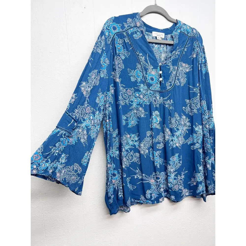 John Paul Richard Flared Sleeve Top Womens 2X Dark Floral Fairy Boho Relaxed - Picture 5 of 11